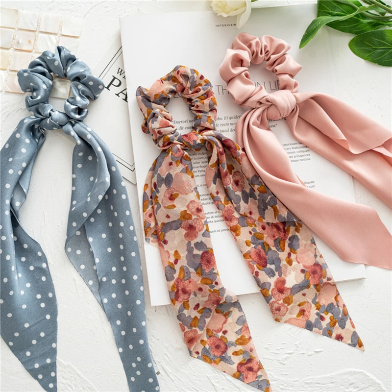 flower hair clips Fashion Floral Print Scrunchies Solid Color Hair ribbon For Women Ponytail scarf Satin Silk Elastic Hair Bands Hair Accessories head wrap for women