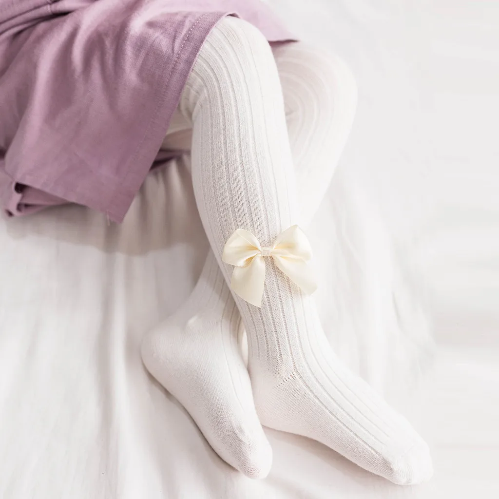 Чулки с бантиком для маленьких девочек Однотонные теплые колготки с бантиком, штаны новогодний костюм детская одежда - Цвет: White