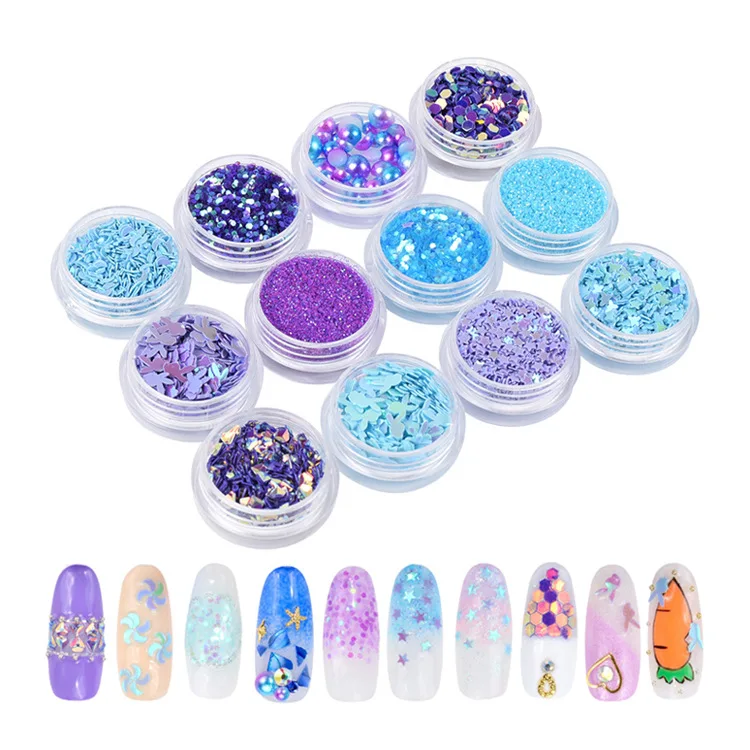 12 unids/set morado rosa azul de uñas Set con brillos holográfica clavo en polvo escamas de Arte de uñas de lentejuelas de maquillaje de bricolaje Decoración