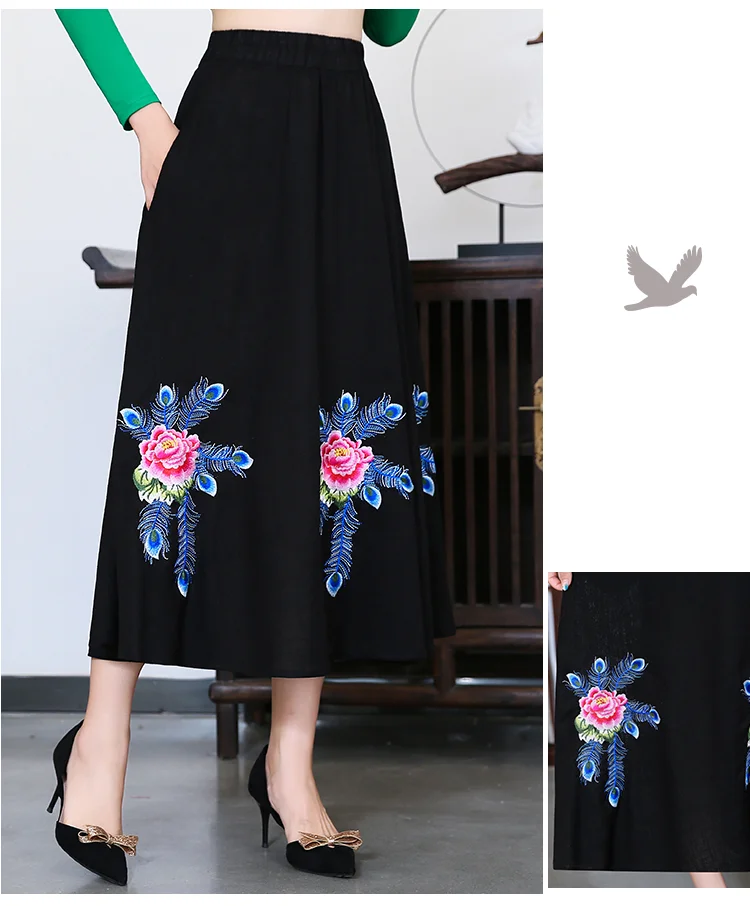 KYQIAO faldas mujer moda этнические юбки женские Осень дизайн Длинная зеленая черная красная юбка миди с вышивкой