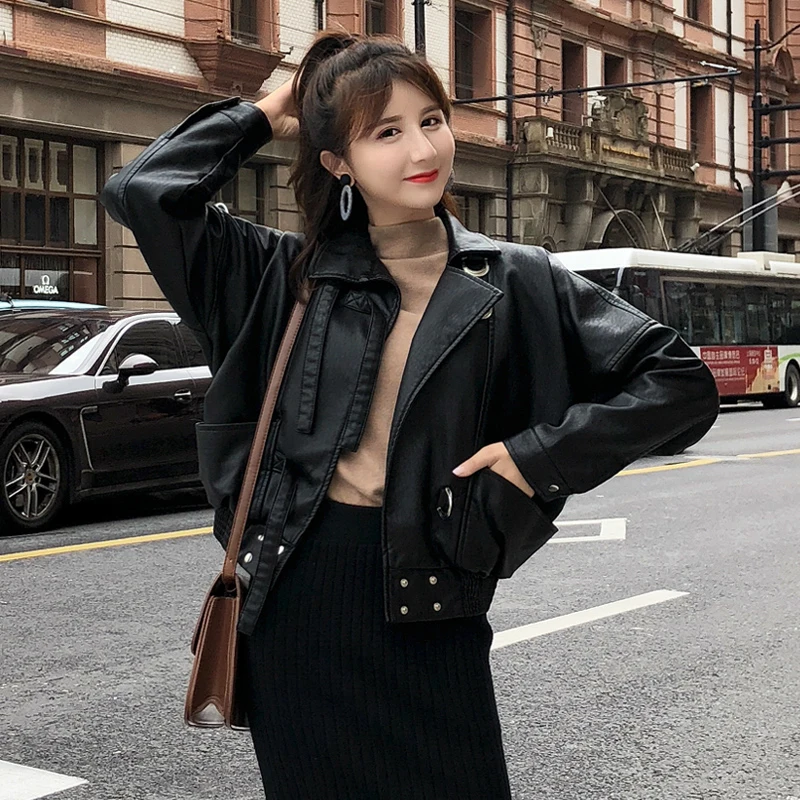 

2019 Autumn Winter Women PU Leather Jackets Basic Button Solid Faux Leather Jacket Loose Female Motorcycle Slim Coat Outerwears
