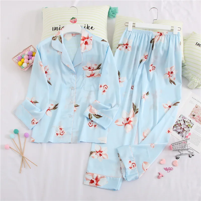 Fiklyc underwear women's beautiful elegant luxury faux silk pajamas sets long sleeve turn-down collar autumn pyjamas nighties