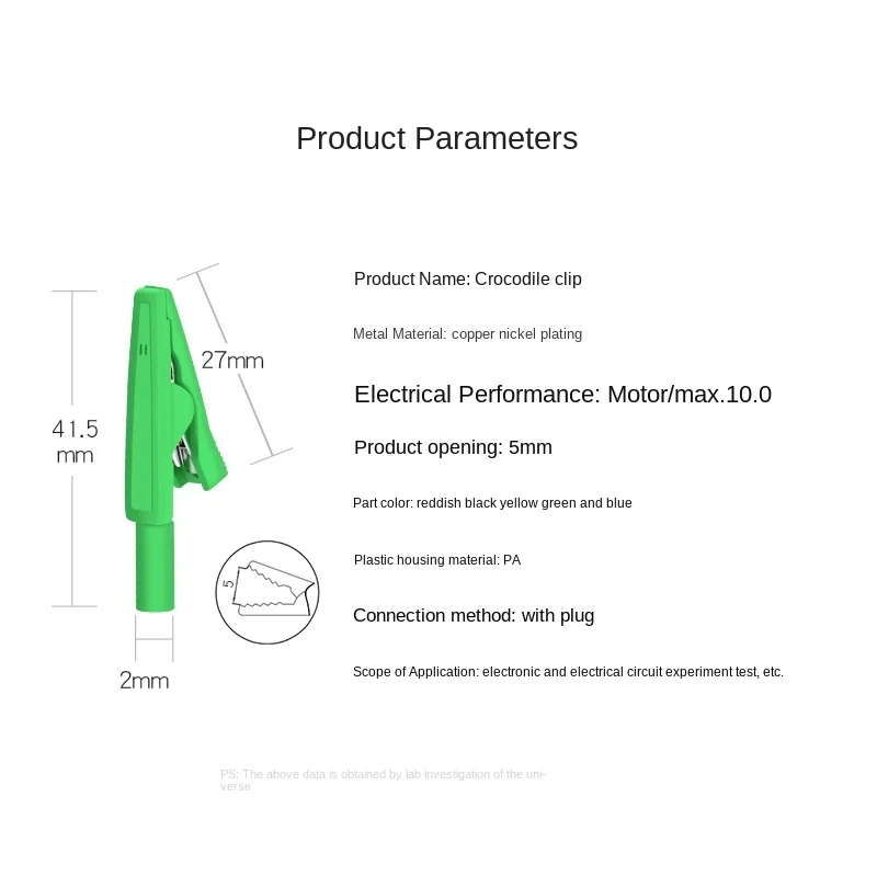 5mm Open Hole Insulation Weldable Crocodile Clip with 2mm Jack Straight In Probe / Banana Head Test Plug Yellow Red Green alligator clips,test clip,test hooks clips