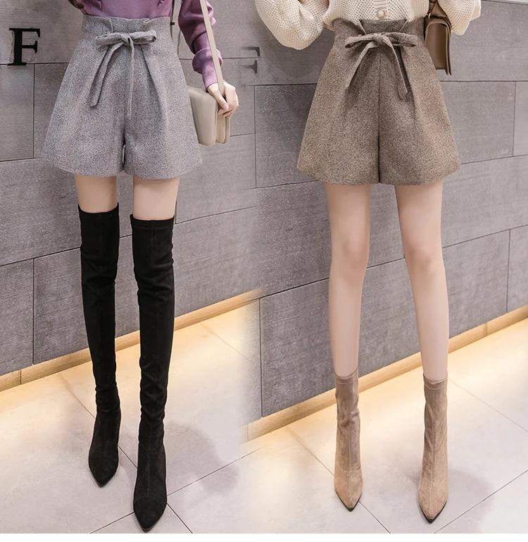 В Корейском стиле со шнуровкой, Высокая талия широкие шорты женские элегантные шерстяные шорты осень-зима Для женщин шерстяные шорты 7640 50