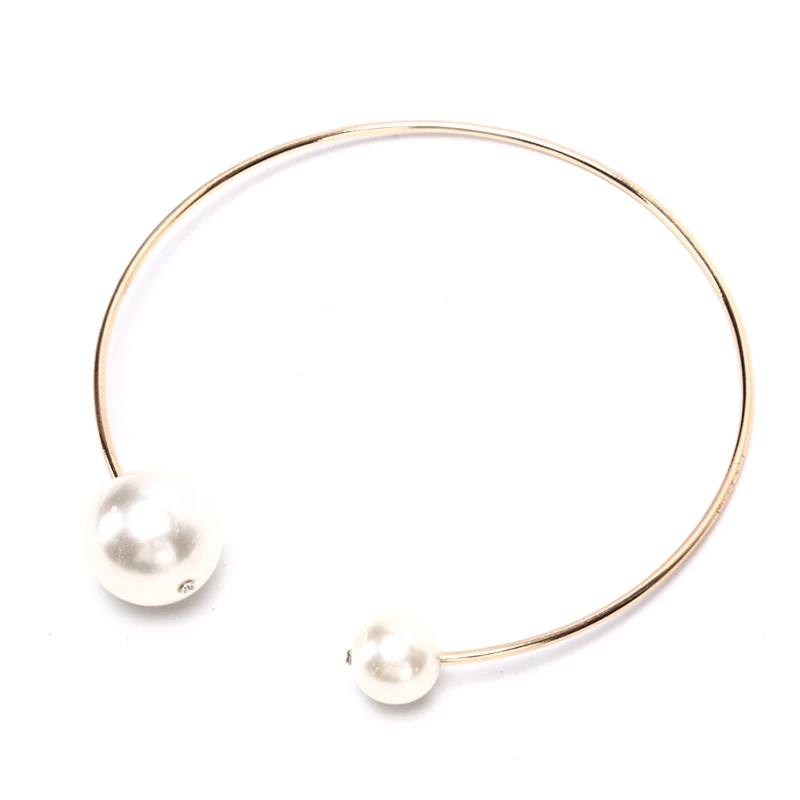 Double Simulated Pearl Adjustable Open Choker Necklace Circle Round Cuff Statement Jewelry