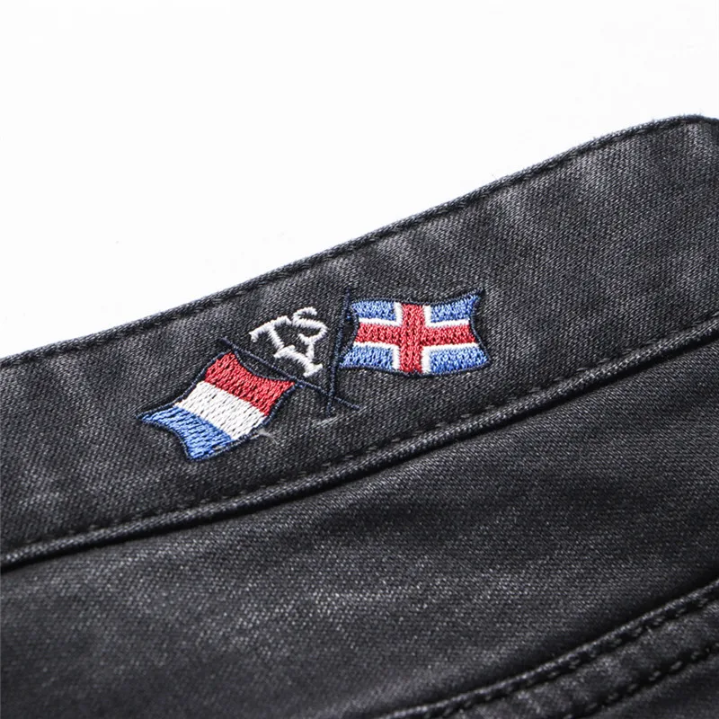 Business Casual Shark Denim Pants Straight Slim Jeans Fashion Mens Flag Embroidery Jeans Trousers Straight Full Length Casual
