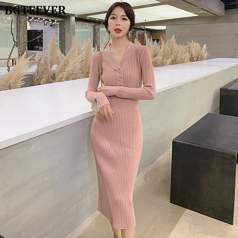 BGTEEVER однобортное осенне-зимнее платье-свитер миди женское сексуальное