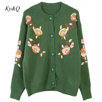 

High Quality Christmas Women Winter O-neck Floral Embroidery Long-sleeved Loose Knit Cardigan Thick 2019 Luxury Sweater Clothes