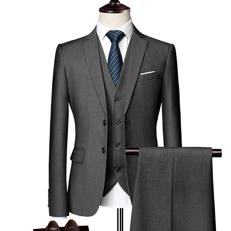 gray 3 pieces Однотонные мужские формальные костюмы Модный деловой Повседневный Банкетный мужской костюм пиджак+ жилет+ брюки размер 6XL 2/3 шт костюмы для свадьбы - Цвет: gray 3 pieces