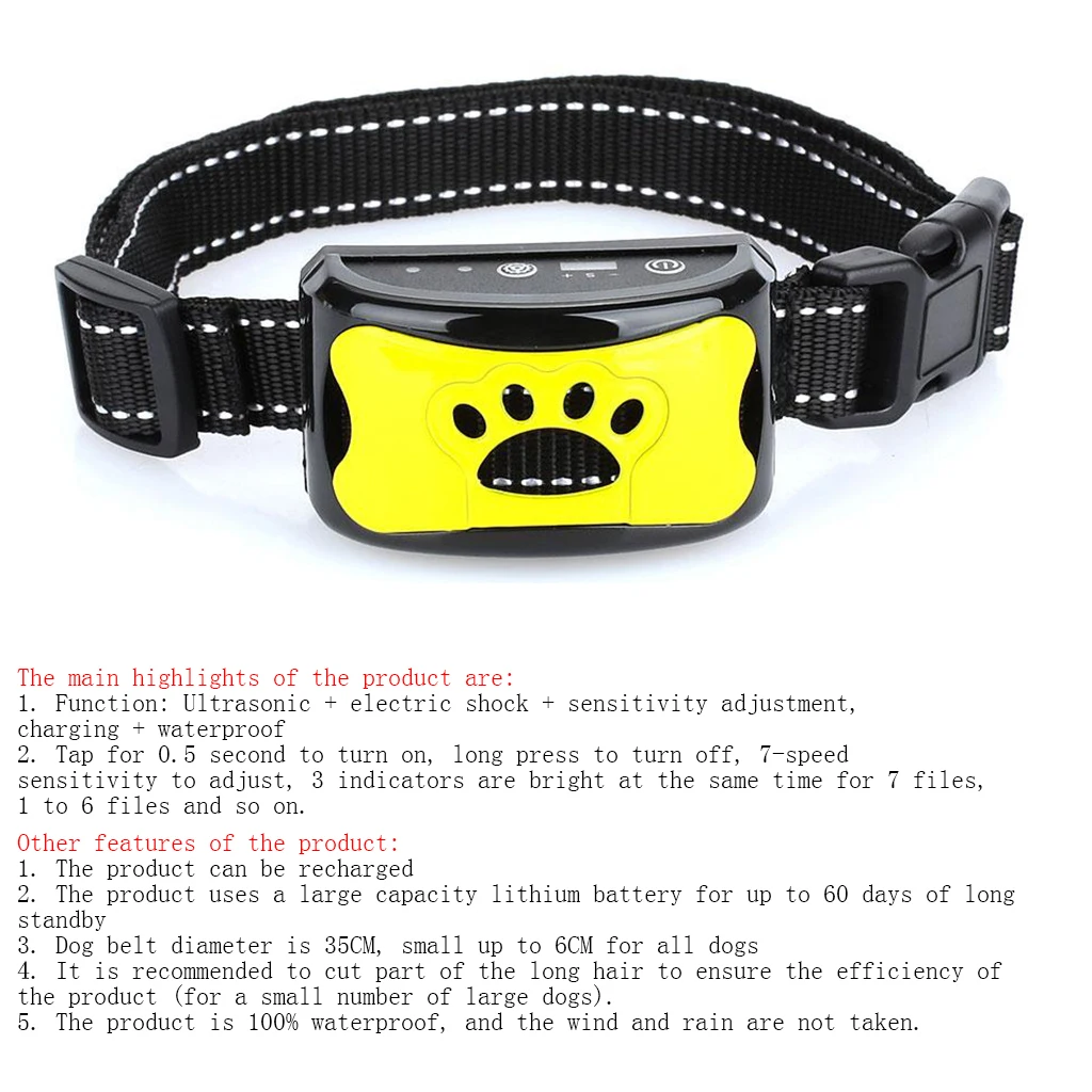Водонепроницаемое устройство управления лаем для собак, перезаряжаемый антилающий ошейник, регулируемый 7 уровней чувствительности, ошейники для собак