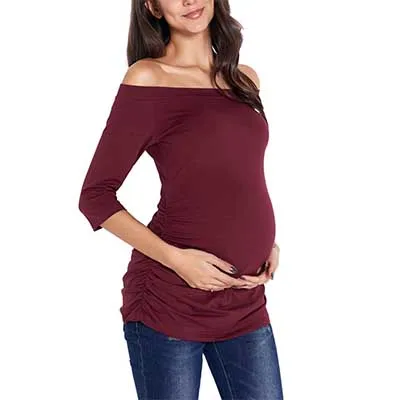 Off Shoulder Short Sleeve Side Ruched Nursing Top Women's Baseball Maternity Clothes T Shirts Top Pregnancy Shirt - Цвет: pic