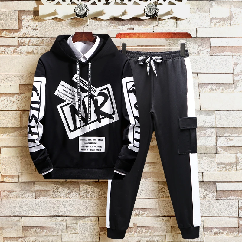 New Fashion Hoodies Men Sport suit High Quality Sweatshirt+Sweatpants Suits Long Sleeve Pullover Hoodie Brand Clothing - Color: Black Hoodies Pant