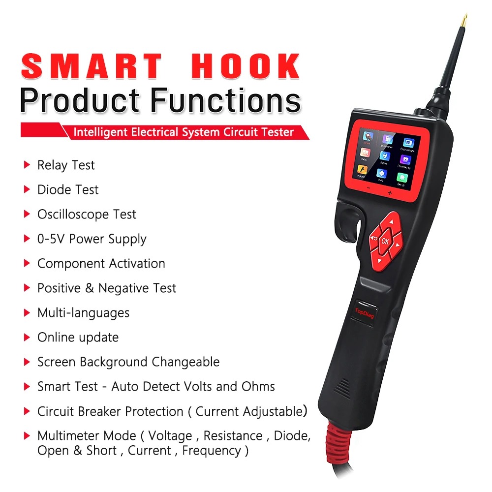 TopDiag Jdiag P200 12V 24V SMART HOOK Power Probe Car Circuit Analyzer Tester Digital Test Electrical System Detector Multimeter Circuit Tester Circuit Detector Automotive Circuit Tool