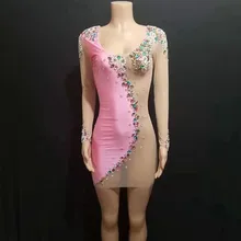 Розовые блестящие стразы, Сетчатое платье для женщин, день рождения, празднование, перспектива, платья для сцены, вечера, ночного клуба, танцевальная одежда для выступлений