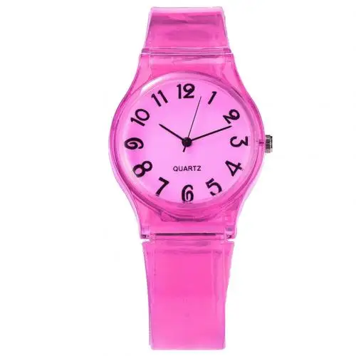 Children Candy Color Big Number Round Dial Silicone Band Quartz Wrist Watch Ladies Dress Watches Gift Luxury - Color: Rose Red