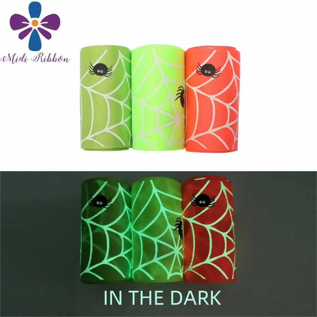 

3"75mm White Ink Printing Glow in the Dark Halloween Series Web Printed Grosgrain Ribbon DIY Hair Bowknots 50yards/roll