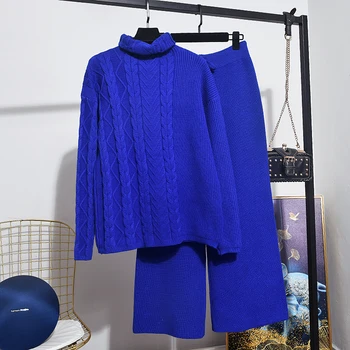 

Fashion 2 Piece Set Women 2020 Spring New Turtleneck Long Sleeve knitted Sweater + Wide Leg Pants Set Loose Women Clothing D3635