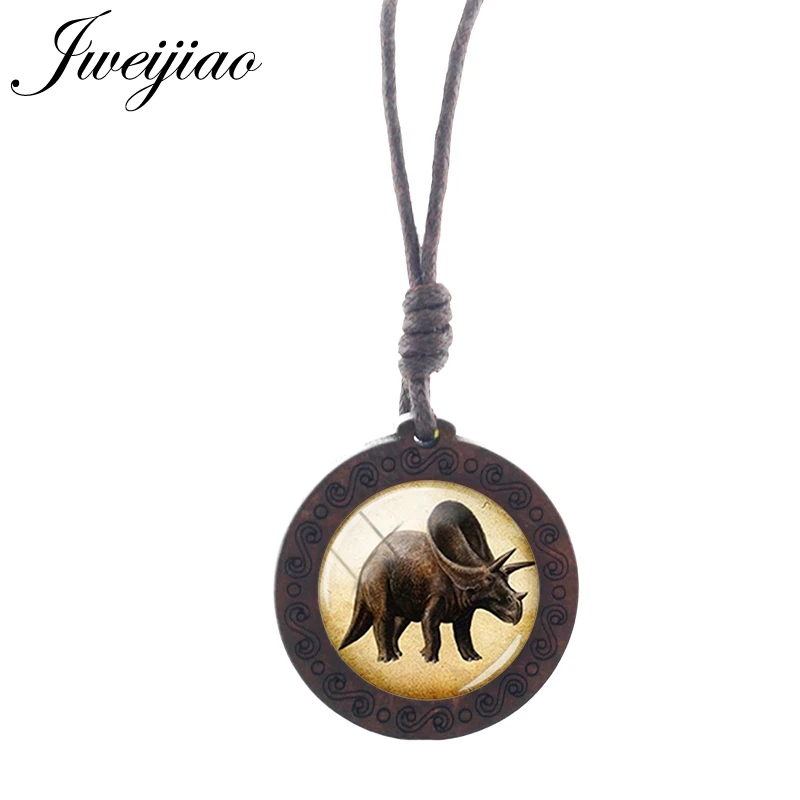 JWEIJIAO Dinosaur Tyrannosaurus Pattern Gothic Necklace Rope Chains Wooden Round Pendant Jewelry Boys Party Accessories NS297 01
