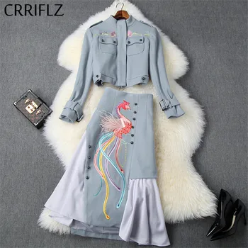 

New Winter Women Set Full Sleeve Stand Collar Short Jacket Embroidery Irregular Skirt 2 Piece Set Women Blue Patry Dress Set