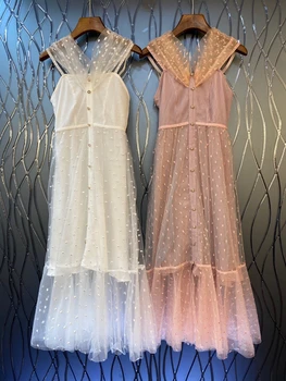 

2020 Spring and Summer New Women's V-neck Lace Perspective Stitching Dot Prints Sleeveless Dress 622