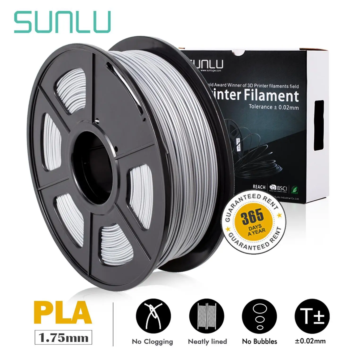

PLA SILVER SUNLU Excellent impact strength 3d printer filament large with color glowing in the dark