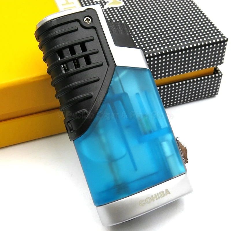 Blue Высококачественный классический 3 фонарь COHIBA, зажигалка для сигарет с огнем, зажигалка для сигар, Подарочная коробка, портативный инструмент для курения на открытом воздухе - Цвет: Blue