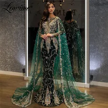  Dubai Design Heavy Applique Beaded Luxury Vintage Prom Dresses Cloak Long Sleeves Crystals Evening Dresses Muslim Party Dress 
