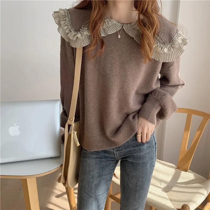 

New Korean Women Solid Color Retro Lace Lapel Pullovers Fashion Female Loose Foreign Style Versatile Sweater