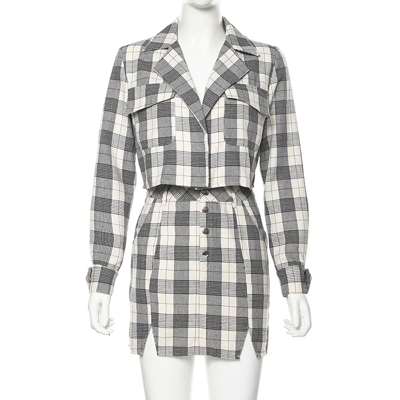plaid Женский модный клетчатый комплект из 2 предметов, блейзер с длинными рукавами и карманами, женские короткие топы и юбка на талии с разрезом на пуговицах - Цвет: plaid