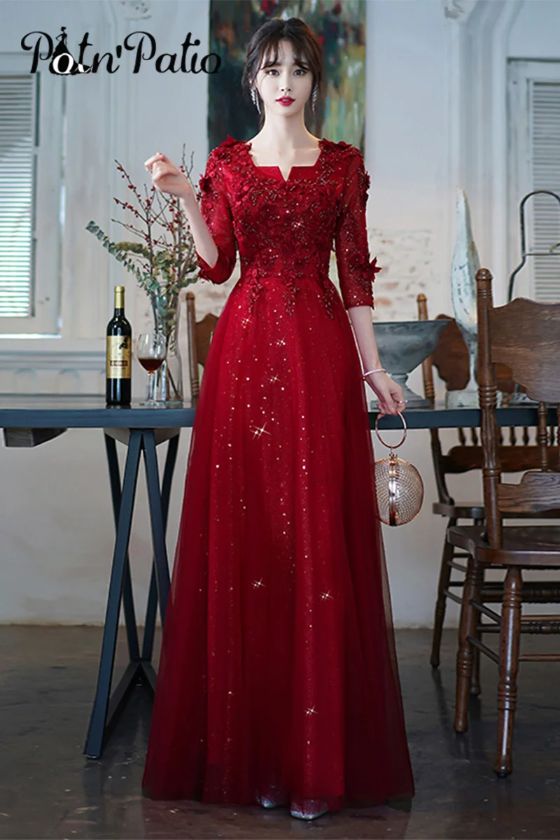 Wine Red Modest Evening Dresses With 3/4 Sleeves 2021 Luxury Appliques A-line Floor-length Women Formal Gowns For Wedding Party