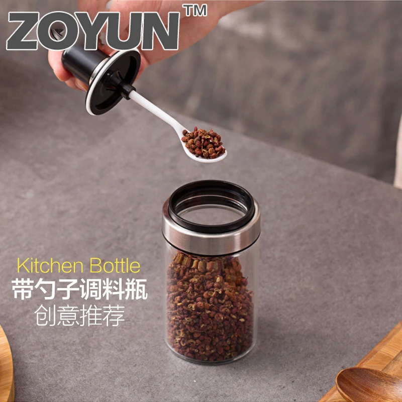 Spoon seasoning glass transparent cruet spice container sealed canister kitchen gadget condiment salt pepper storage bottle