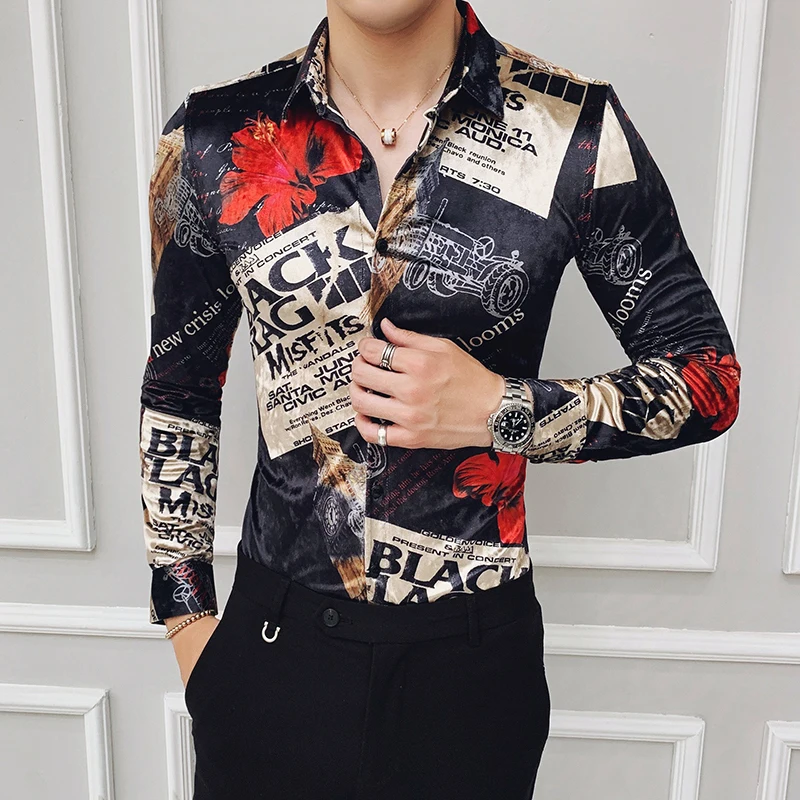 flower colour Клубные наряды бархатные мужские рубашки с длинным рукавом европейские зимние теплые мужские рубашки из бутика фланелевые рубашки мужская одежда с принтом - Цвет: flower colour