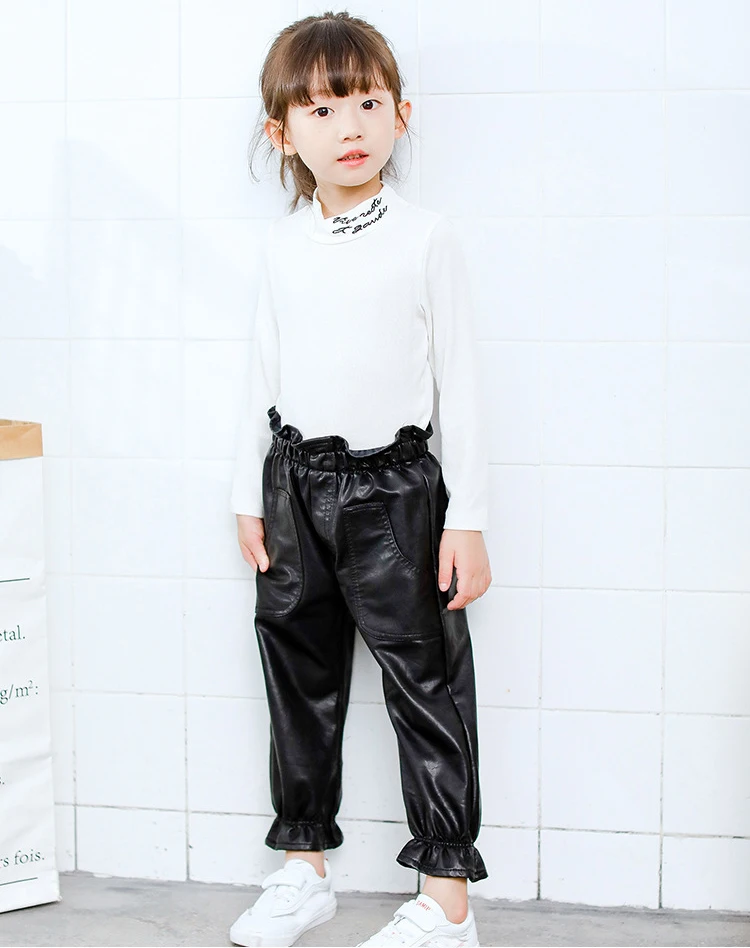 Dollplus/Новинка года; модные черные брюки; детские брюки из искусственной кожи; осенние брюки для девочек; зимняя одежда для маленьких девочек