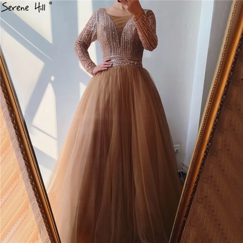 Dubai Pink V-Neck Lace Up Prom Dresses 2020 Long Sleeves Sequins Beading A-Line Long Prom Gowns Serene Hill BLA70237