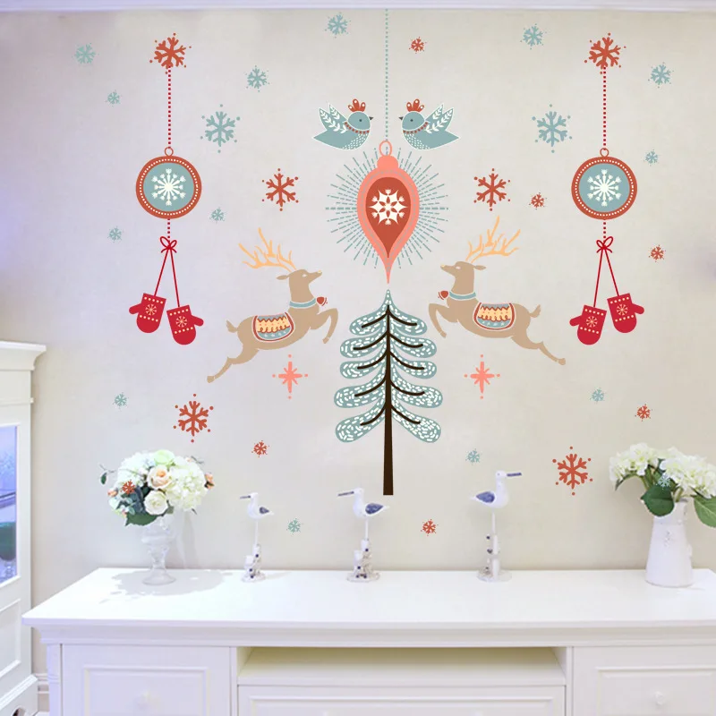 

Christmas Tree Elk Wall Decal Snowflake Peace Pigeon Wall Stickers Christmas Gloves Wallpaper Christmas Window Stickers For Home