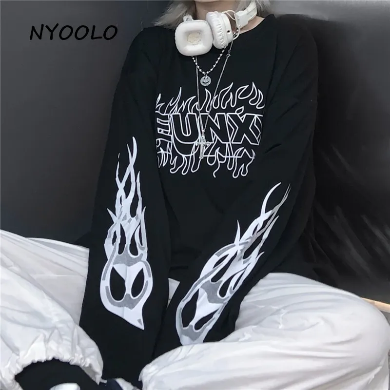 

NYOOLO Harajuku Style Streetwear Flame Letters Print tee shirt tops Autumn loose Long Sleeve hip hop T-Shirt women men clothing