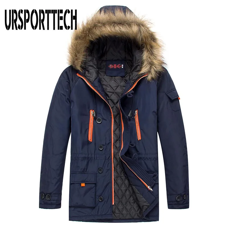 Dark Blue URSPORTTECH, зимняя мужская куртка, парка с хлопковой подкладкой, мужское зимнее пальто, искусственный мех, большие карманы, средняя длина, толстая парка, зимняя куртка - Цвет: Dark Blue