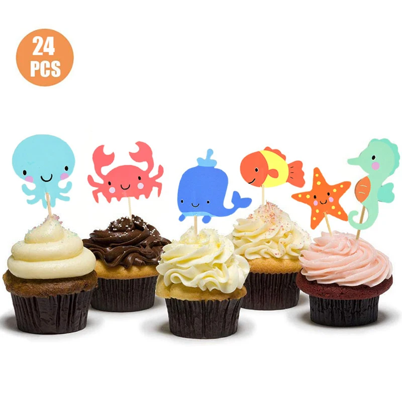 24pcs Ocean Animal Cupcake Toppers Under the Sea Party Cake Flags Boy Baby Shower Mermaid Theme Birthday Party Cake Decorations