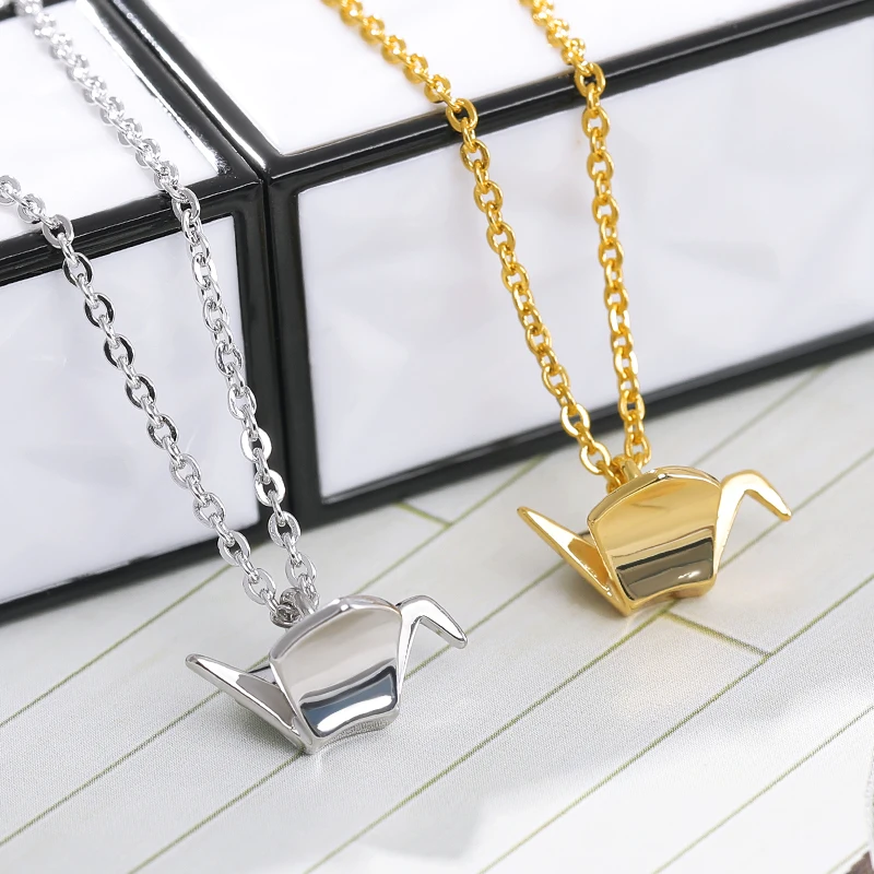 Copper Origami Crane Pendant Necklace Jewelry Stainless Steel Gold Chain Flying Bird Charm Friendship Gifts | Украшения и