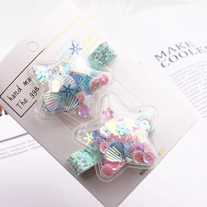 star green shell Блестящие радужные зыбучие пески для маленьких девочек, заколки для волос, блестки для волос, заколки в виде сердца и звезды, модные аксессуары для волос, подарок - Цвет: star green shell