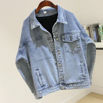 

Spring Autumn Vintage Blue Denim Jacket Women Korean Loose Big Pocket Long sleeve Short Jeans Jacket Basic Coat Female Outerwear