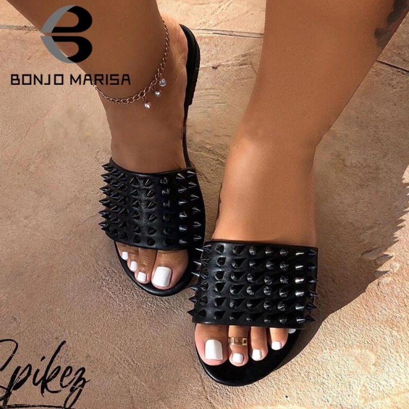 

BONJOMARISA Large Size 37-42 INS Lady Cool Rivet Slides Popular Bright Colors Summer Slippers Brand Beach Flat Beach Shoes Woman