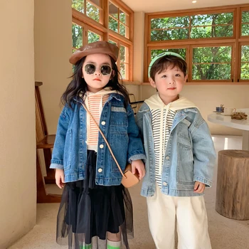 

Children Denim Jackets Korean Fashion Coats Kids Girls Princess Skirt Hoodies Boys Stripe Casual Tops Sweater Wide Leg Pants Set