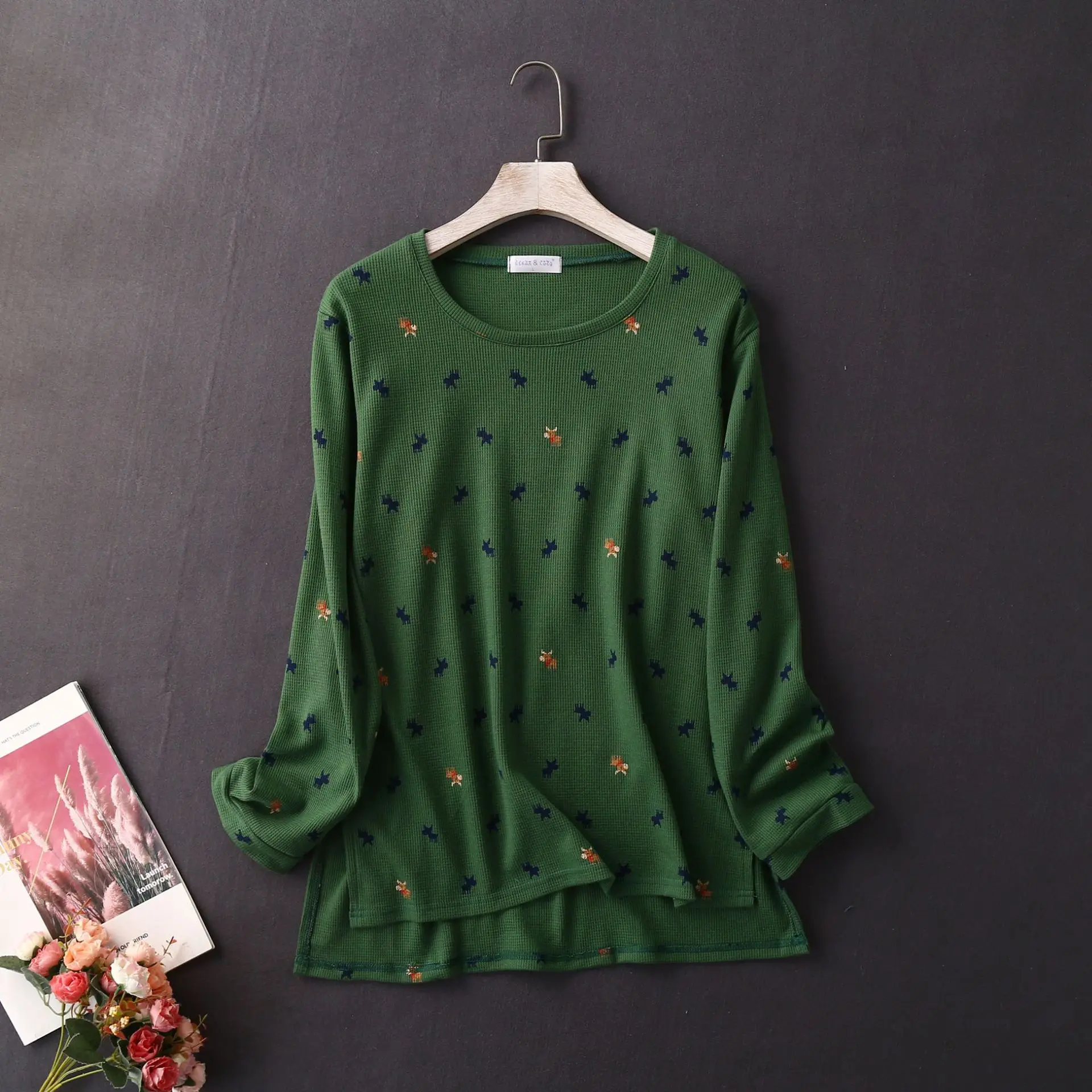 New Knitted Cotton Plaid Waffle Pajamas for Women Casual Long Sleeve Plus Size Sleepwear Printing Couple Pijama Two Piece Set