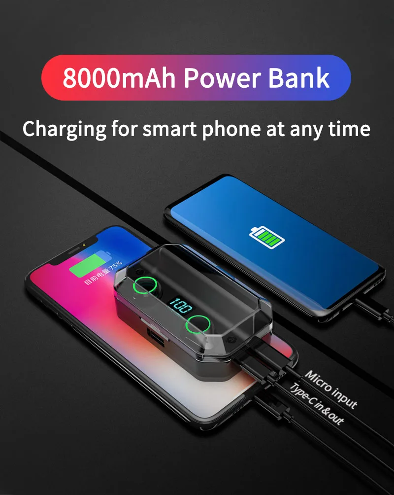 T9 TWS 8000 мАч наушники 9D стерео Bluetooth 5,0 беспроводные наушники IPX7 водонепроницаемые наушники светодиодный держатель для телефона