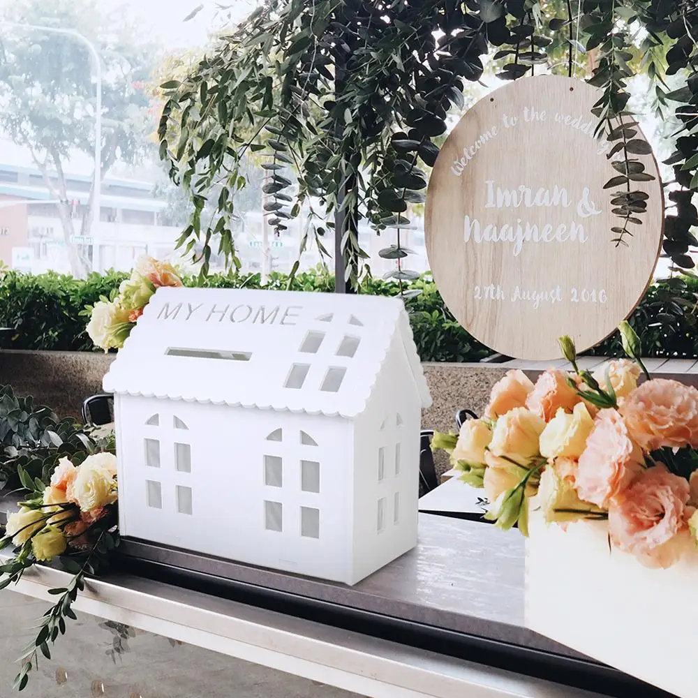 

Decorated White House Card Small Gift Organizer Box Wedding Reception Money Keepsake Boxes with Slot for Bridal Shower Use
