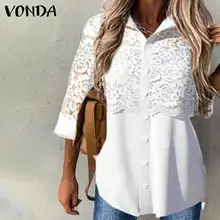 

Long Sleeve Blouse 2022 VONDA Women Lapel Neck Button Up Lace Patchwork Shirts Bohemian Party Blusas Femininas Loose Tops