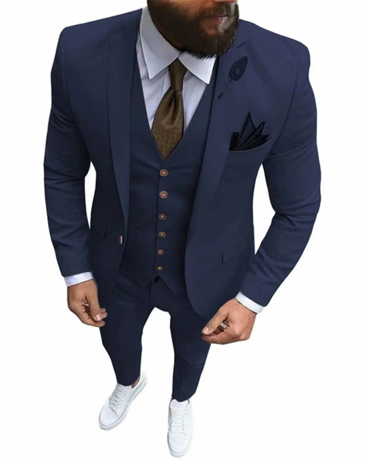 Navy Blue Новейший дизайн пальто брюки бежевый мужской костюм выпускной смокинг приталенный 3 шт жениха Свадебные костюмы для мужчин на заказ Блейзер Terno Masuclino - Цвет: Navy Blue