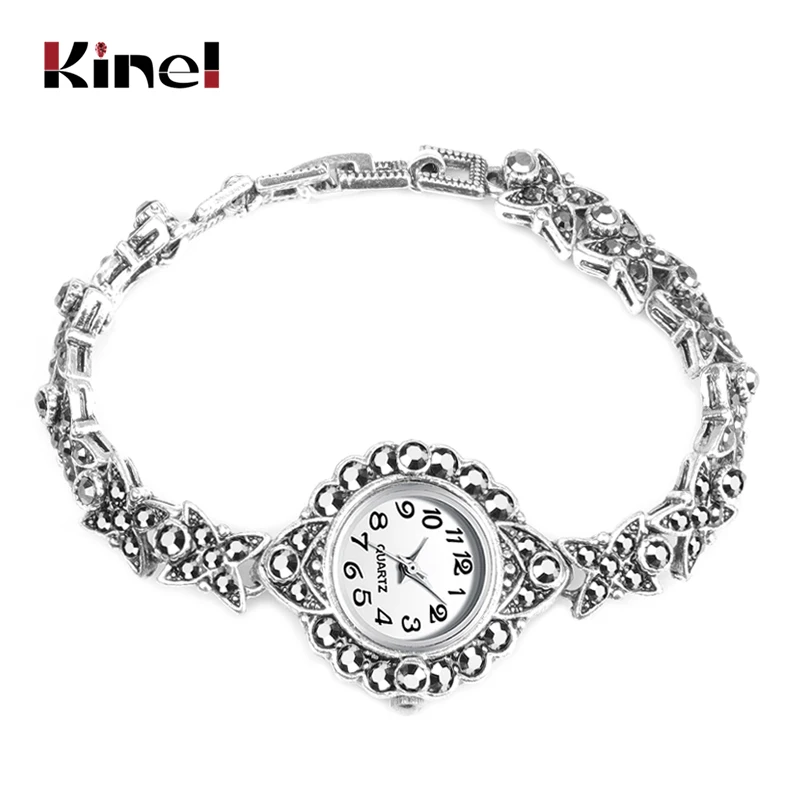 Kinel 2019 новые модные антикварные серебряные женские часы яркие черные хрустальные