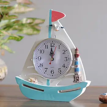 

1Pc Mediterranean Style Alarm Clock Desktop Decoration Wooden Sailboat Clock Alarm Clock Home Decor